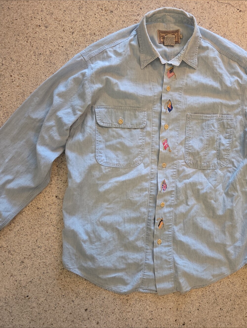 Vintage Calvin Klein Mens Med Denim Jean Button Down Shirt Embroidered Flags USA